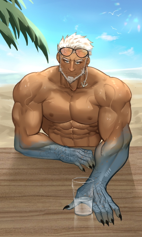 1boy, abs, aegir_(housamo), anchor_earrings, aqua_hair, bara, bare_pectorals, beach