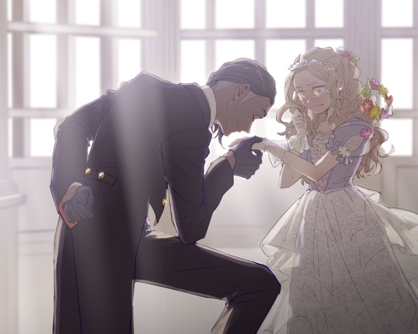 1boy, 1girl, brown_hair, brown_pants, closed_eyes, closed_mouth, comfey, commentary_request, dark-skinned_male, dark_skin, dress, earrings, fiz_breakfast, gen_7_pokemon, gloves, grey_gloves, holding_hands, indoors, jewelry, light_rays, long_sleeves, nintendo, pants, pokemon, pokemon_(creature), pokemon_sword_and_shield, raihan_(pokemon), smile, tailcoat, undercut, window