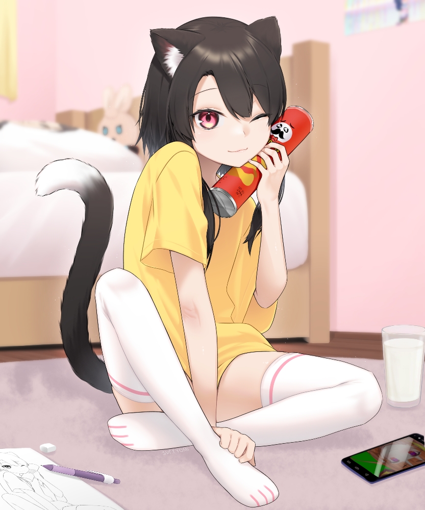 1girl, animal_ear_fluff, animal_ears, artist_self-insert, bed, bed_frame, bed_sheet, black_hair