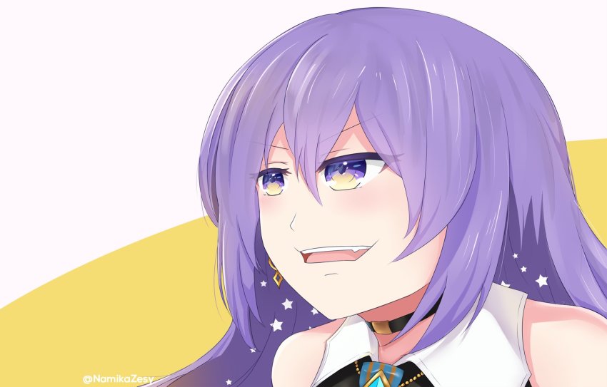 1girl, arms_at_sides, artist_name, bare_shoulders, black_choker, black_shirt, choker, collared_shirt, colored_inner_hair, comedian, earrings, eyelashes, facing_away, fang, female_focus, gradient_hair, hair_between_eyes, happy, highres, hololive, hololive_indonesia, jewelry, long_hair, looking_away, moona_hoshinova, multicolored_hair, neck, necktie, neckwear_request, open_mouth, purple_eyes, purple_hair, shirt, simple_background, sleeveless, sleeveless_shirt, standing, star_(symbol), twitter_username, two-tone_background, two-tone_hair, virtual_youtuber, white_background, yellow_background