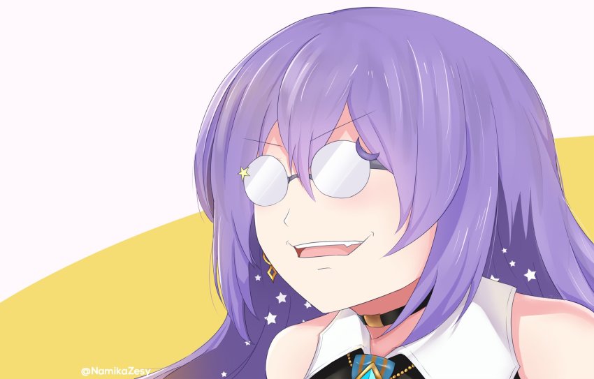 1girl, arms_at_sides, artist_name, bare_shoulders, black_choker, black_shirt, choker, collared_shirt, colored_inner_hair, comedian, earrings, eyelashes, facing_away, fang, female_focus, glasses, gradient_hair, hair_between_eyes, happy, highres, hololive, hololive_indonesia, jewelry, long_hair, looking_away, moon, moon_(ornament), moona_hoshinova, multicolored_hair, neck, necktie, neckwear_request, open_mouth, purple_eyes, purple_hair, round_eyewear, shirt, simple_background, sleeveless, sleeveless_shirt, standing, star_(symbol), twitter_username, two-tone_background, two-tone_hair, v-shaped_eyebrows, virtual_youtuber, white_background, yellow_background