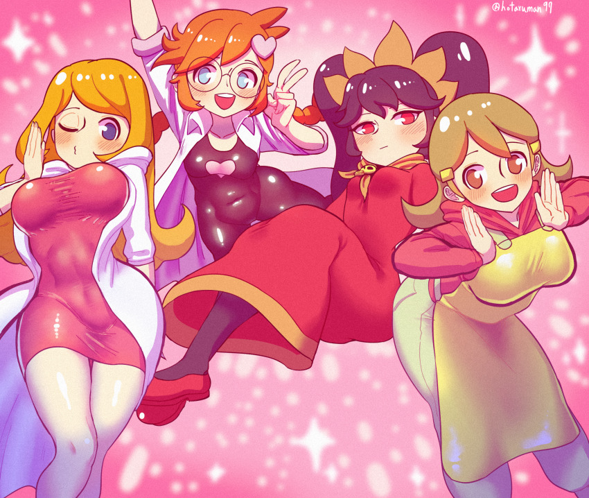 4girls, 5-volt, apron, ashley_(warioware), black_hair, blue_eyes, braid, breasts, brown_eyes, brown_hair, denim, dress, expressionless, glasses, goat_(hotaruman97), green_eyes, hair_ornament, hairclip, highres, jeans, lab_coat, mona_(warioware), multiple_girls, nintendo, open_mouth, orange_hair, pants, pantyhose, penny_crygor, red_dress, red_eyes, twintails, warioware, warioware:_gold