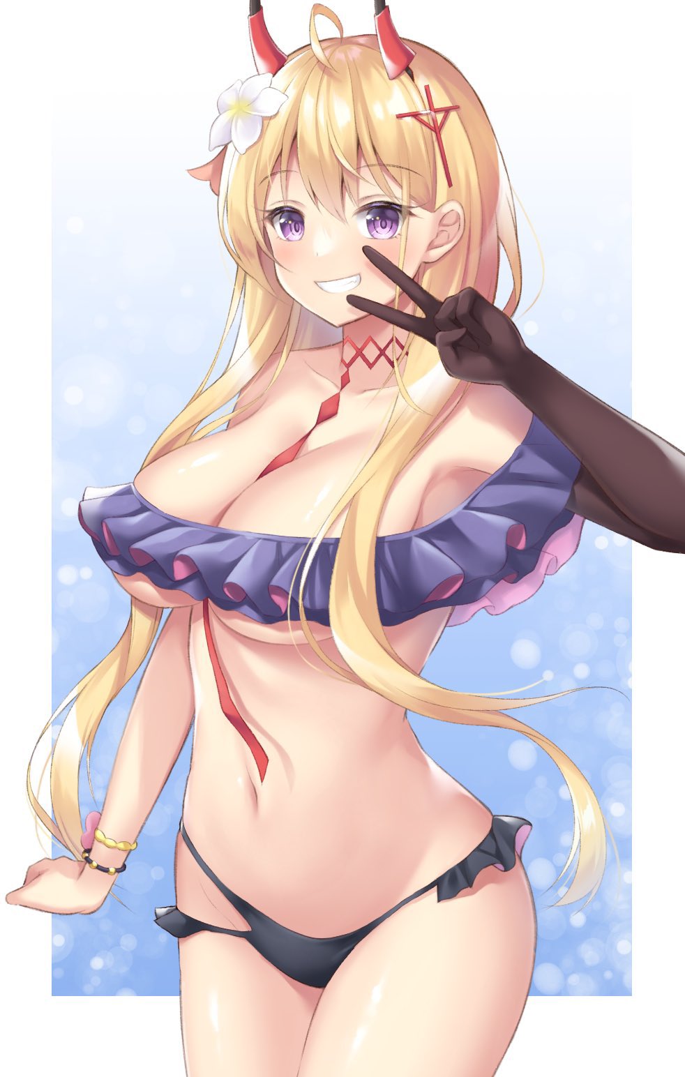 1girl, ahoge, armpits, azur_lane, bare_shoulders, between_breasts, bikini, black_gloves