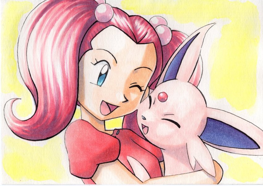 1girl, ;d, blue_eyes, commentary_request, espeon, eyelashes, gen_2_pokemon, hair_bobbles