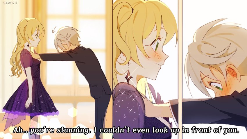 1boy, 1girl, alternate_costume, alternate_universe, artist_name, bennett_(genshin_impact), black_suit, blush