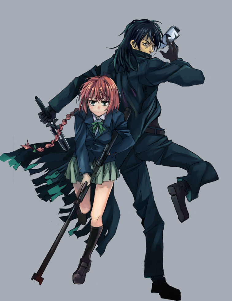 00s, 1boy, 1girl, anti-materiel_rifle, bolt_action, braid, darker_than_black, gun