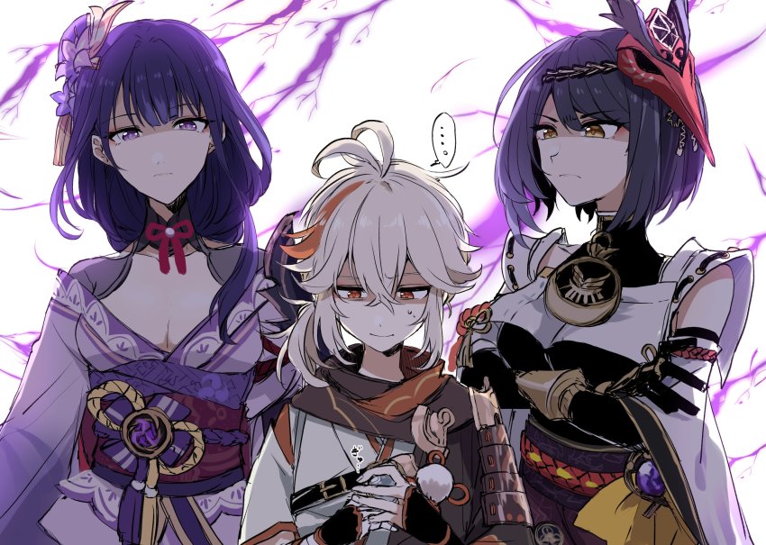 ..., 1boy, 2girls, armor, bandaged_hand, bandages, black_gloves, breasts, cleavage, closed_mouth, crossed_arms, detached_sleeves, electricity, fingerless_gloves, frown, genshin_impact, girl_sandwich, gloves, hair_between_eyes, hair_ornament, highres, japanese_clothes, kaedehara_kazuha, kujou_sara, long_hair, mask, mask_on_head, multicolored_hair, multiple_girls, obi, pom_pom_(clothes), ponytail, purple_eyes, purple_hair, raiden_shogun, red_eyes, red_hair, ryu_genshin77, sandwiched, sash, shaded_face, short_hair, spoken_ellipsis, streaked_hair, sweat, upper_body, vision_(genshin_impact), white_hair, yellow_eyes