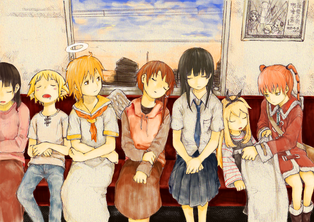 angel_wings, asymmetrical_hair, black_hair, black_hairband, black_skirt, blonde_hair, blue_neckwear, blue_pants