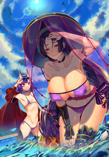 2girls, armlet, bare_shoulders, bikini, black_choker, black_gloves, blue_sky, breasts, choker, cleavage, cloud, eyepatch_bikini, eyewear_on_head, fate/grand_order, fate_(series), fingerless_gloves, gloves, hand_on_own_thigh, huge_breasts, jewelry, kikan_(kikanoe), large_breasts, leaning_forward, long_hair, minamoto_no_raikou_(fate), multiple_girls, ocean, parted_bangs, partially_submerged, purple_bikini, purple_eyes, purple_hair, short_hair, shuten_douji_(fate), side-tie_bikini_bottom, single_thighhigh, sky, swimsuit, thighhighs, thighs, very_long_hair, water
