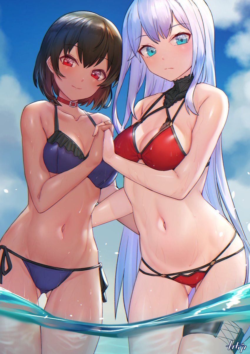 2girls, absurdres, alexandra_viktorovna_dashkova_(tukikagerou), arpeggio_kaga, bare_arms, bare_shoulders, bikini, blue_bikini