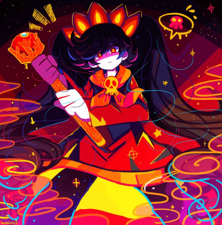 1girl, abstract_background, artist_name, ashley_(warioware), black_hair, colorful, dress, eyebrows, female_focus, hair_between_eyes, hairband, highres, holding, holding_wand, homriette, long_hair, long_sleeves, looking_at_viewer, neckwear_request, nintendo, orange_hairband, orange_neckwear, red_dress, red_eyes, shaded_face, sidelocks, skull, solo, speech_bubble, spoken_skull, standing, star_(symbol), twintails, very_long_hair, wand, warioware, wide-eyed