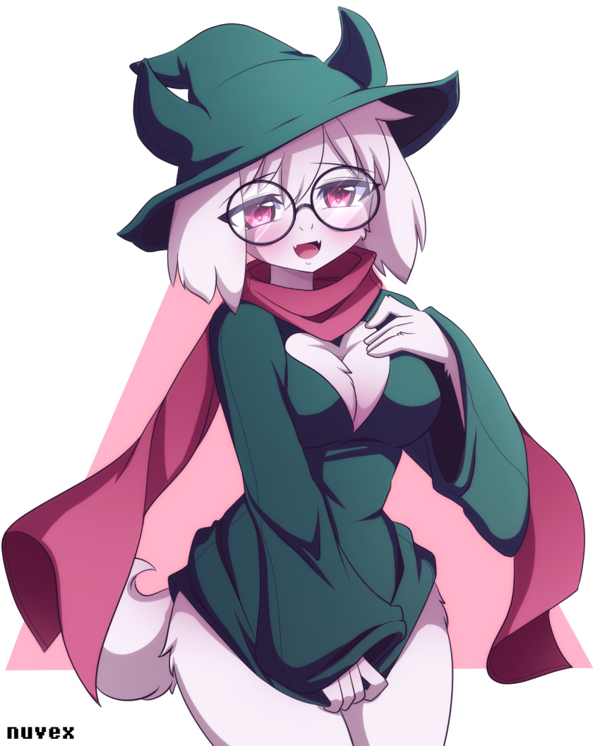 1girl, alternate_fur_color, breasts, cleavage, deltarune, genderswap, genderswap_(mtf), glasses, goat_girl, highres, nuvex, ralsei, tail, undertale, utdr_(toby_fox)