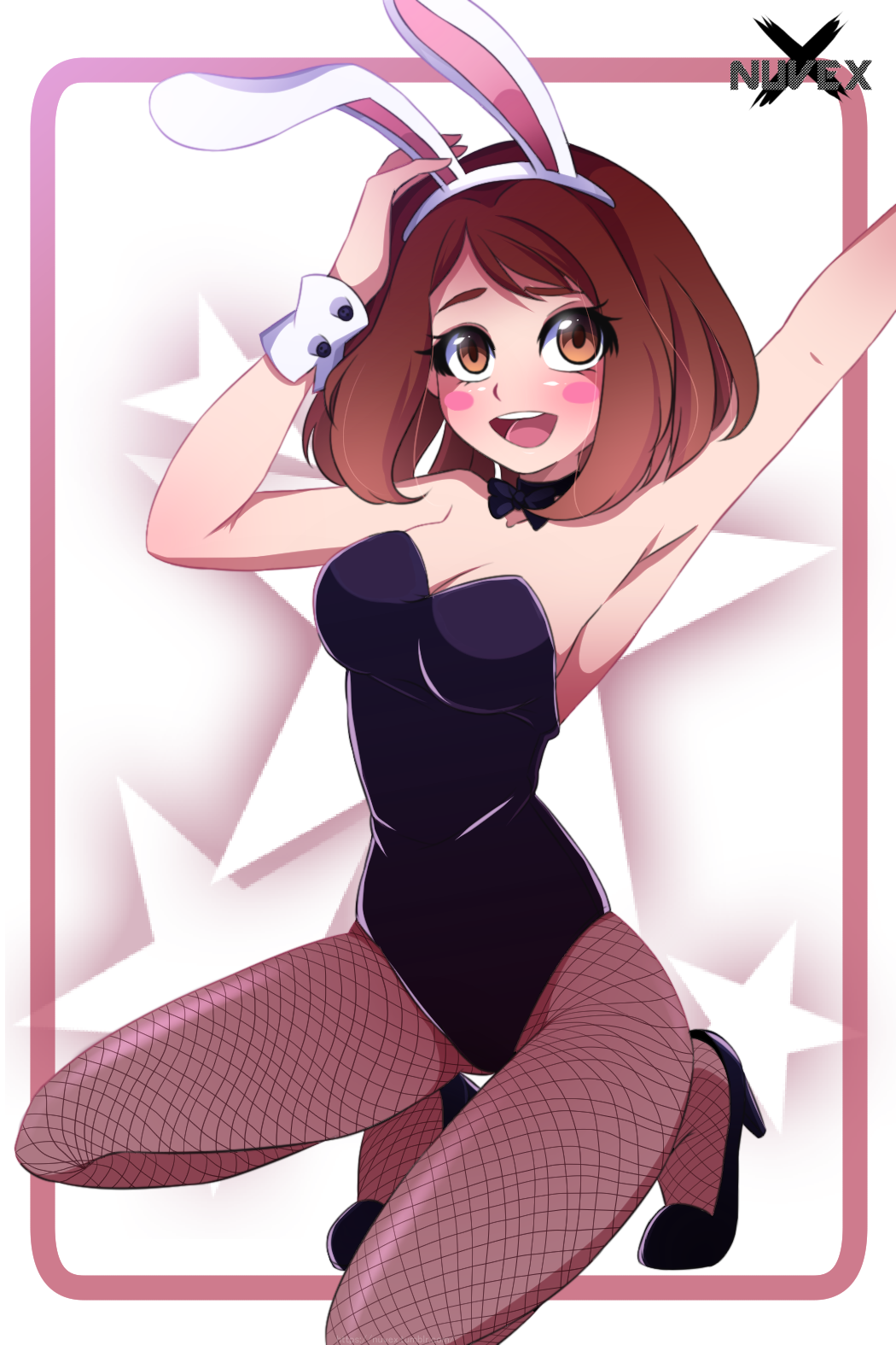 1girl, animal_ears, artist_name, black_leotard, blush, boku_no_hero_academia, breasts, brown_hair, cleavage, detached_collar, fake_animal_ears, female_focus, fishnet_pantyhose, fishnets, high_heels, highres, leotard, nuvex, open_mouth, pantyhose, playboy_bunny, rabbit_ears, short_hair, smile, uraraka_ochako, wrist_cuffs