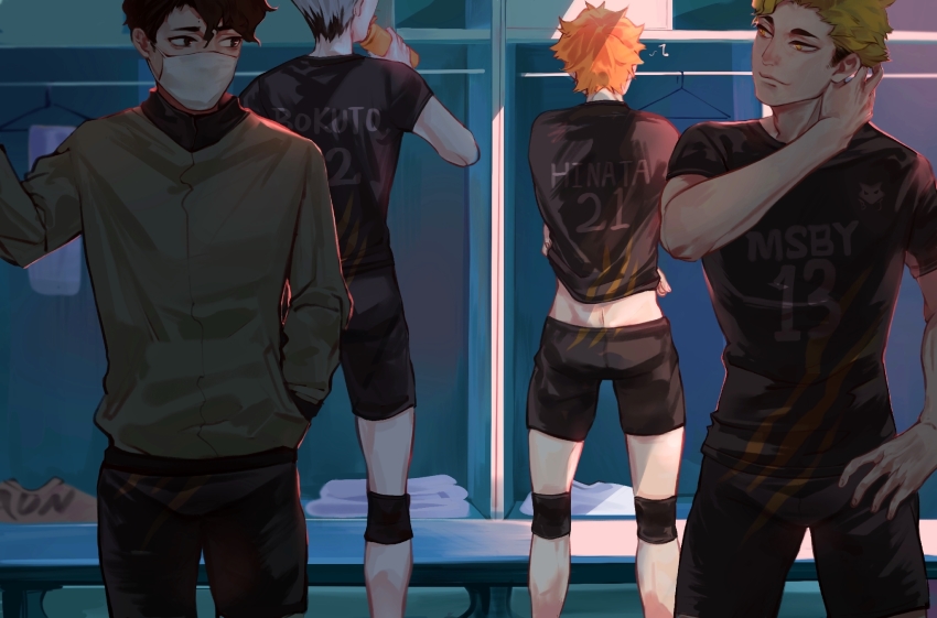 4boys, bokuto_koutarou, haikyuu!!, heiheijun990, highres, hinata_shouyou, knee_pads, mask