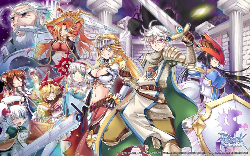 4boys, 4girls, alcohol, animal_ears, arch_bishop_(ragnarok_online), argyle_clothes, argyle_coat, argyle_shirt