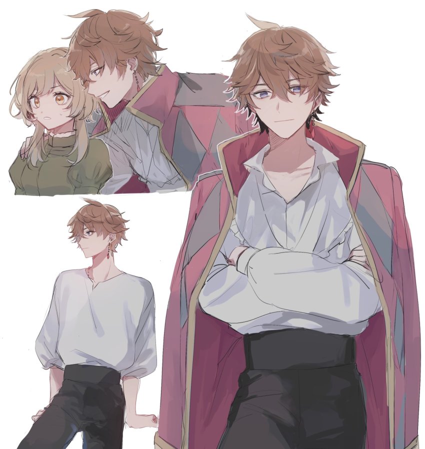 1boy, 1girl, ahoge, argyle_clothes, argyle_coat, bad_id, bad_twitter_id, black_pants