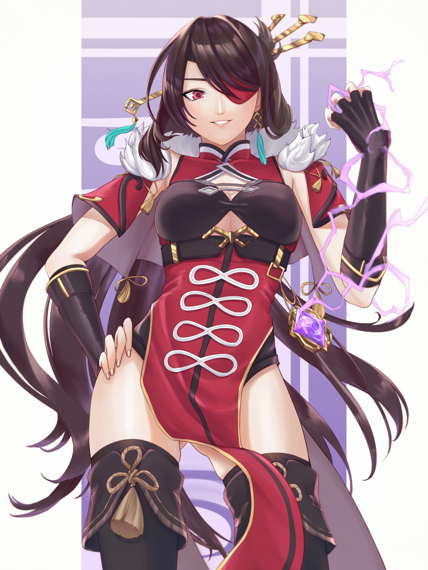 1girl, absurdres, bandages, beidou_(genshin_impact), black_boots, black_hair, black_thighhighs, boots