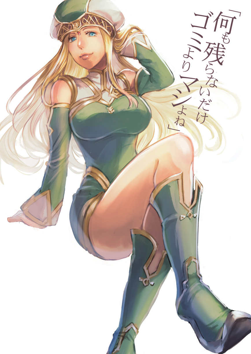 1girl, bare_legs, bare_shoulders, blonde_hair, blue_eyes, boots, detached_sleeves, freya_(valkyrie_profile)