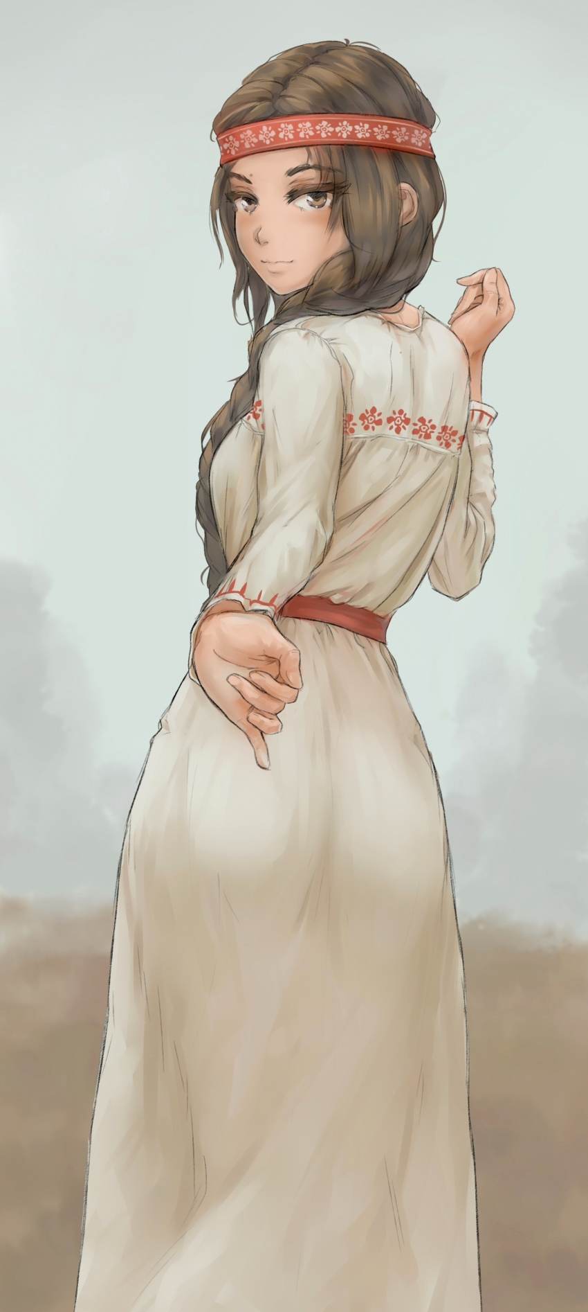 1girl, absurdres, braid, braided_ponytail, brown_background, brown_eyes, brown_hair, closed_mouth, dress, floral_print, from_behind, gradient_background, grey_background, headband, highres, iskanderednaksi, long_hair, long_sleeves, looking_at_viewer, looking_back, multicolored_background, original, outstretched_arm, ponytail, slavic_clothes, solo, standing, traditional_clothes, traditional_dress, very_long_hair