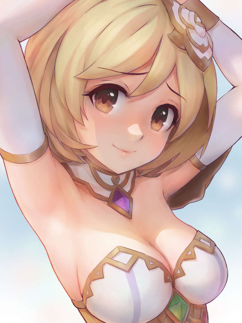 armpits, arms_up, bad_id, bad_pixiv_id, blonde_hair, blue_background, breasts, brown_eyes, cleavage, coba_(coba_xp), detached_collar, detached_sleeves, djeeta_(granblue_fantasy), flower, gem, gradient_background, granblue_fantasy, hair_flower, hair_ornament, hairband, highres, looking_at_viewer, neckwear_request, outdoors, short_hair, simple_background, sky, solo, tagme, yako_noir