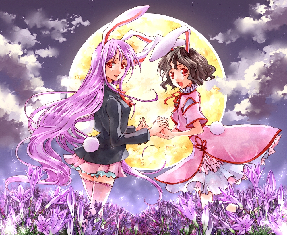 2girls, animal_ears, bad_id, bad_pixiv_id, brown_hair, rabbit_ears, female_focus, inaba_tewi, long_hair, m_(pixiv), moon, multiple_girls, purple_hair, red_eyes, reisen_udongein_inaba, short_hair, skirt, tail, thighhighs, touhou