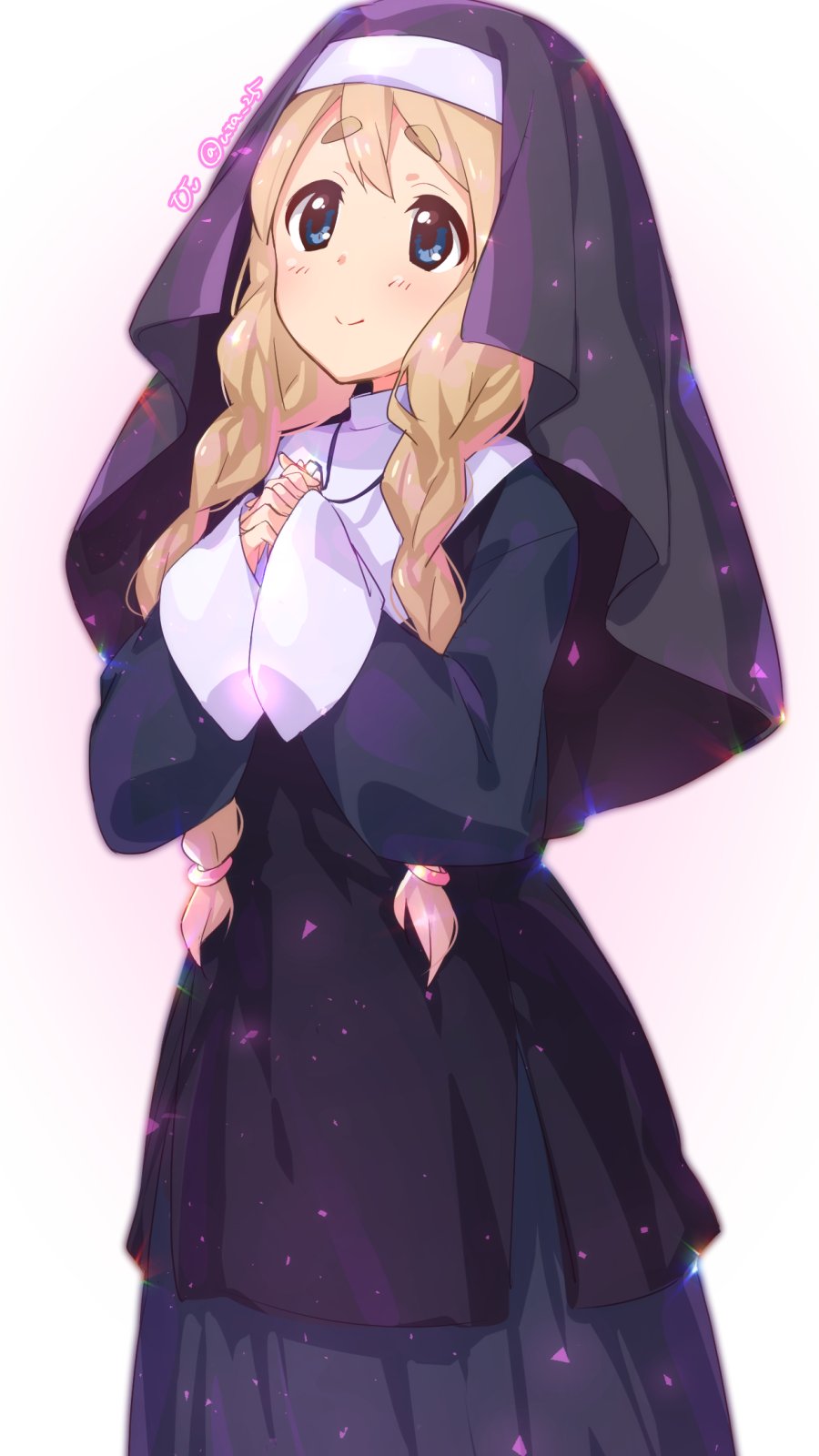 1girl, alternate_costume, alternate_hairstyle, black_dress, black_headwear, blonde_hair, blue_eyes, braid, commentary, cross, dress, habit, hair_over_shoulder, halloween, headdress, highres, interlocked_fingers, jewelry, k-on!, kotobuki_tsumugi, long_sleeves, necklace, nun, nun_headdress, own_hands_together, simple_background, smile, solo, sparkle, tareme, thick_eyebrows, traditional_nun, twin_braids, uta_25, white_background