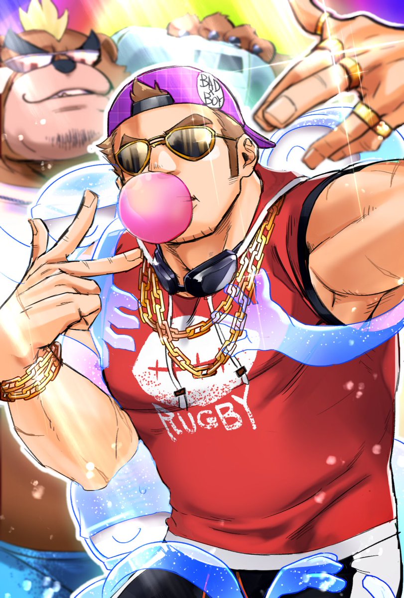 2boys, ashigara_(housamo), backwards_hat, bara, bear, brown_hair, chain, chain_necklace, chewing_gum, chikichan, facial_hair, ghost, hat, highres, jewelry, male_focus, multiple_boys, muscular, muscular_male, necklace, rapping, ring, short_hair, sideburns, stubble, sunglasses, tamamura_gunzo, thick_eyebrows, tokyo_houkago_summoners