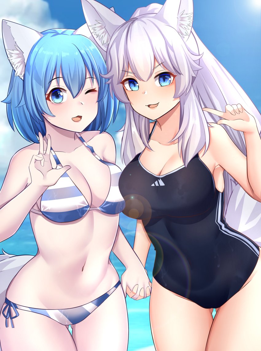 2girls, absurdres, animal_ear_fluff, animal_ears, bare_shoulders, bikini, blue_eyes, blue_hair, breasts, cleavage, collarbone, commentary, day, english_commentary, highres, holding_hands, indie_virtual_youtuber, interlocked_fingers, large_breasts, long_hair, looking_at_viewer, lumi_(merryweather), multiple_girls, navel, ocean, one_eye_closed, open_mouth, outdoors, second-party_source, sidelocks, striped_bikini, striped_clothes, swimsuit, tail, v, virtual_youtuber, water, white_hair, wolf_ears, wolf_girl, wolf_tail, wolfychu, zeroyama