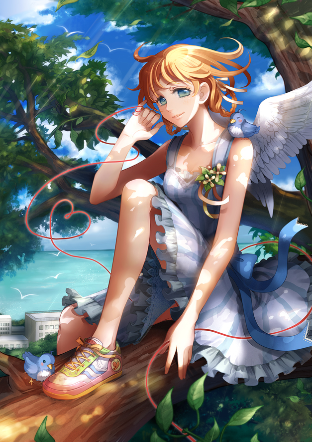 angel_wings, bad_id, bad_pixiv_id, bird, blonde_hair, dress, green_eyes, lips