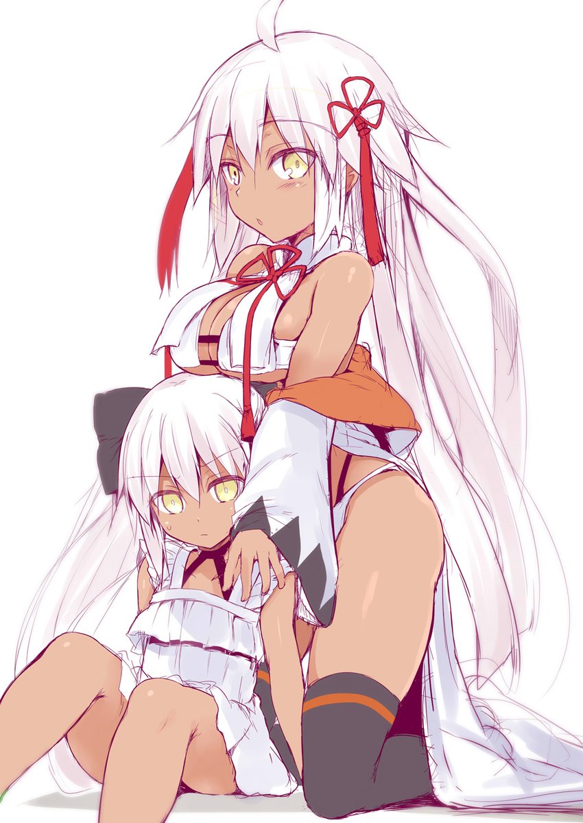 2girls, alternate_breast_size, bikini, blush, breasts, cleavage, cropped_jacket, dark-skinned_female