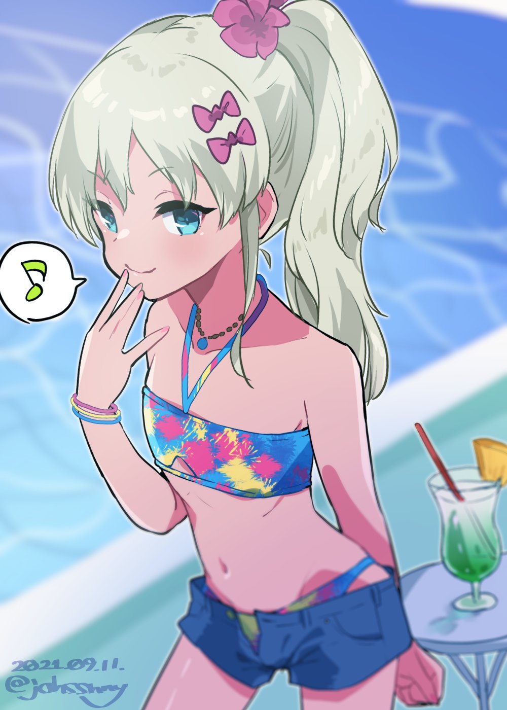 1girl, bikini, blonde_hair, blue_bikini, blue_shorts, bracelet, commentary_request, cowboy_shot, dated, drink, eighth_note, flat_chest, grecale_(kancolle), grecale_(swimsuit)_(kancolle), green_eyes, halterneck, highres, jewelry, johssnny, kantai_collection, long_hair, musical_note, one-hour_drawing_challenge, open_fly, short_shorts, shorts, solo, spoken_musical_note, standing, swimsuit, twitter_username, wavy_hair