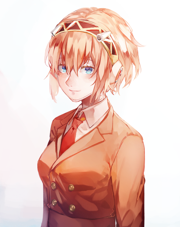 1girl, aigis_(persona), alternate_costume, alternate_uniform, blonde_hair, blue_eyes, brown_jacket, brown_theme