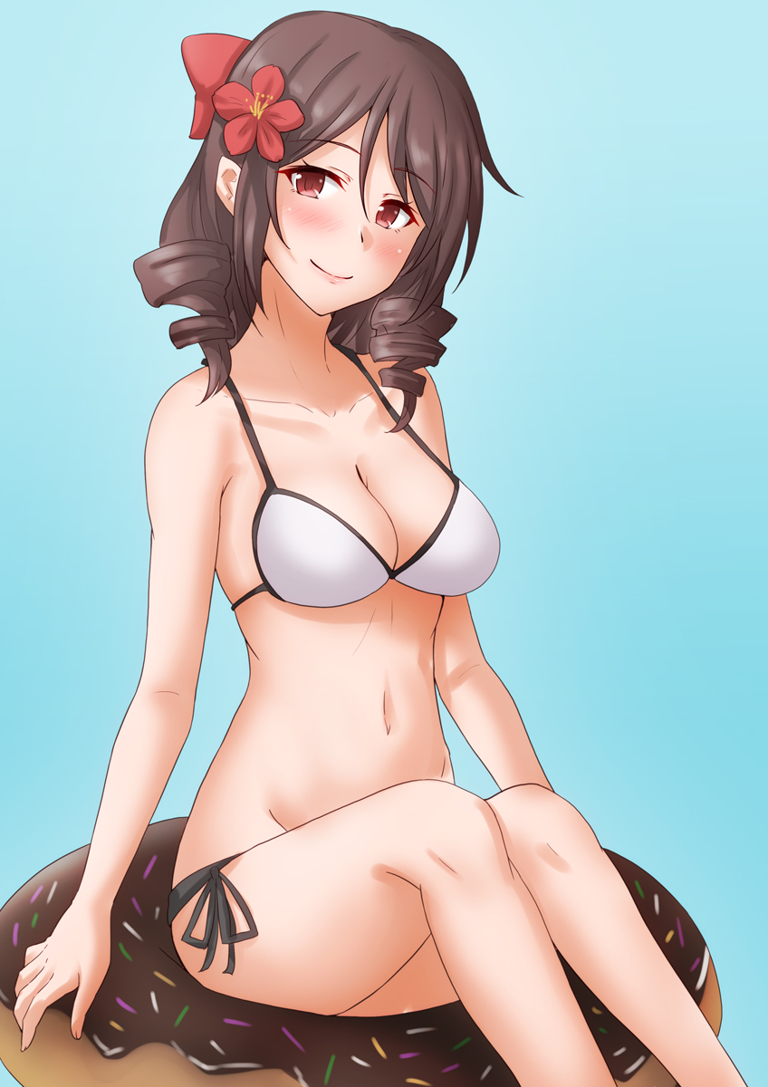 1girl, anti_(untea9), bikini, blue_background, bow, breasts, brown_hair, cleavage, commentary_request, cosplay, donut_innertube, drill_hair, flower, gradient_background, hair_bow, hair_flower, hair_ornament, harukaze_(kancolle), hibiscus, highres, honolulu_(kancolle), honolulu_(kancolle)_(cosplay), honolulu_(swimsuit)_(kancolle), innertube, kantai_collection, looking_at_viewer, medium_breasts, red_bow, red_eyes, side-tie_bikini_bottom, sitting, solo, swim_ring, swimsuit, twin_drills, white_bikini