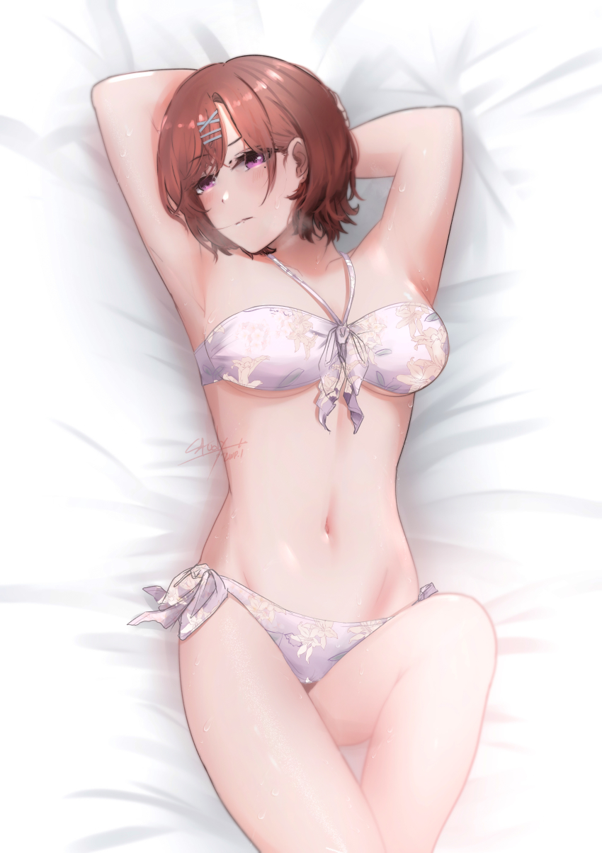 1girl, absurdres, armpits, arms_behind_head, bikini, brown_hair, cowboy_shot, halterneck, highres, higuchi_madoka, idolmaster, idolmaster_shiny_colors, looking_to_the_side, lying, mole, mole_under_eye, purple_eyes, short_hair, solo, swimsuit, tfnfe_sach, white_bikini