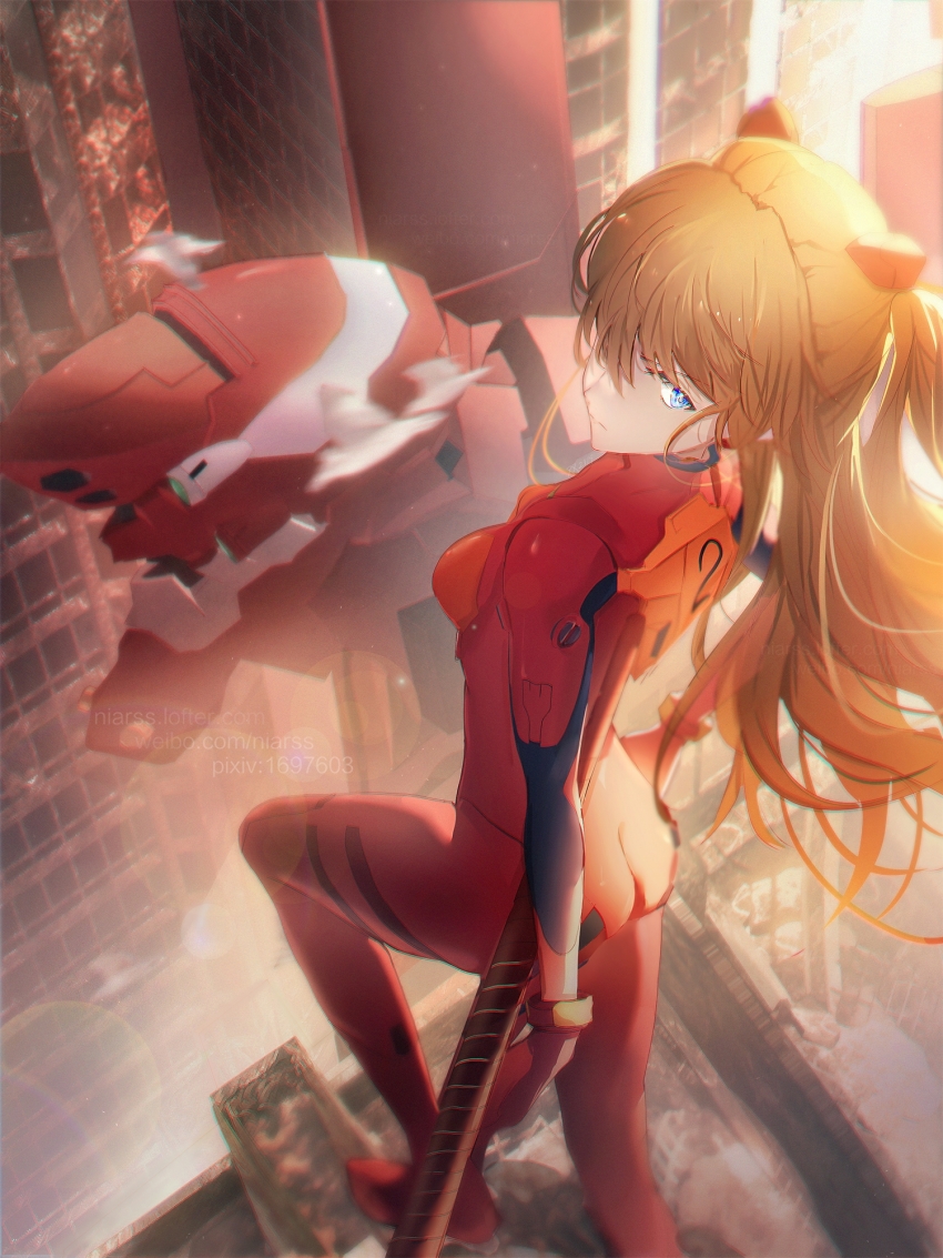 1girl, ass, blue_eyes, bodysuit, city, eva_02, from_above, from_behind, hair_over_one_eye, hairpods, highres, interface_headset_(evangelion), lance_of_longinus_(evangelion), lens_flare, mecha, mecha_pilot_suit, neon_genesis_evangelion, niarss, orange_bodysuit, orange_hair, plugsuit_(evangelion), rebuild_of_evangelion, red_bodysuit, robot, souryuu_asuka_langley, two_side_up