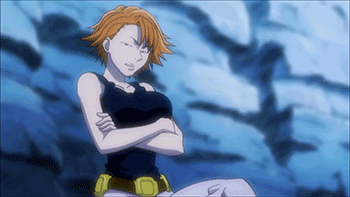 animated, animated_gif, asta_(hunter_x_hunter), belt, black_shirt, bouncing_breasts, breasts, dot_eyes