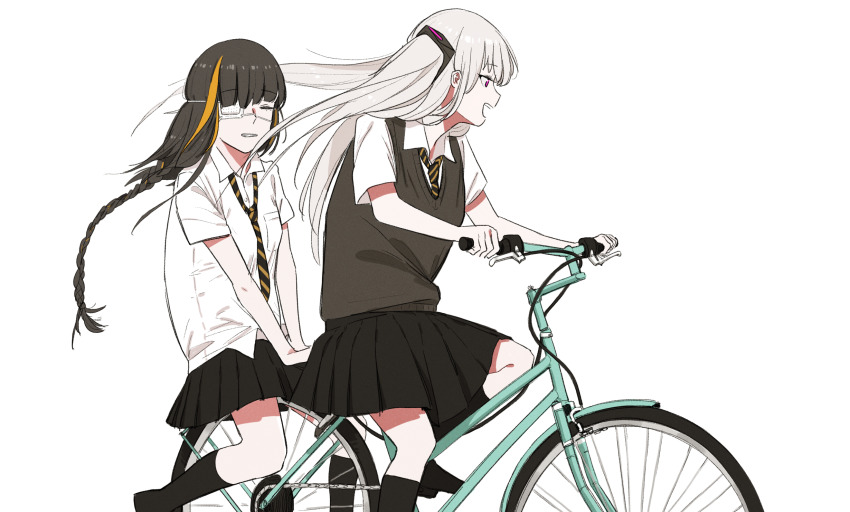 2girls, :d, beak_(girls'_frontline), bicycle, black_skirt, braid, brown_vest, collared_shirt
