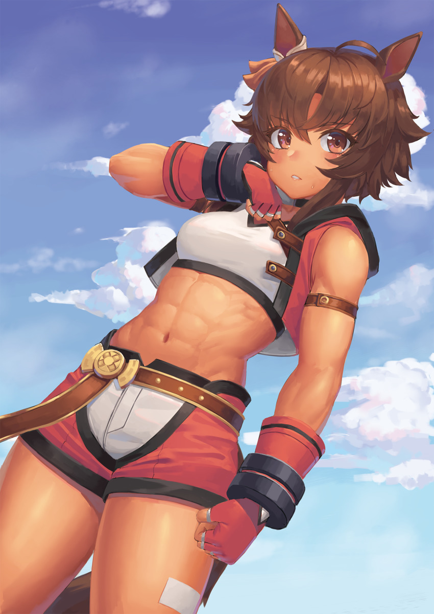 1girl, abs, bare_shoulders, bitter_glasse_(umamusume), blue_sky, blush, bow, breasts, cloud, collarbone, commentary_request, cowboy_shot, dark-skinned_female, dark_skin, day, ear_bow, hair_between_eyes, highres, horse_girl, layered_clothes, looking_at_viewer, midriff, navel, parted_lips, partial_commentary, ranma_(kamenrideroz), short_shorts, shorts, sidelocks, sky, solo, sports_bra, standing, umamusume