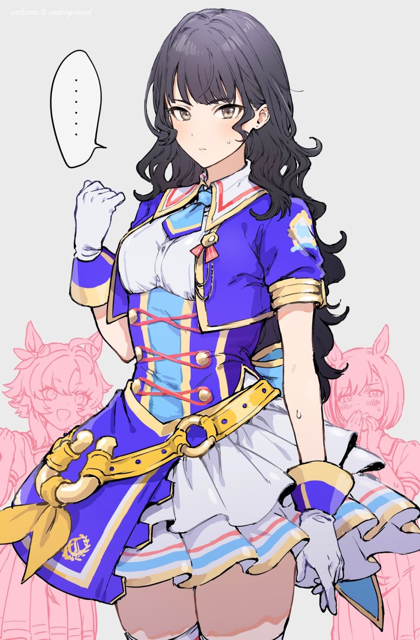 ..., 3girls, animal_ears, bitter_glasse_(umamusume), black_hair, blush, bow, breasts