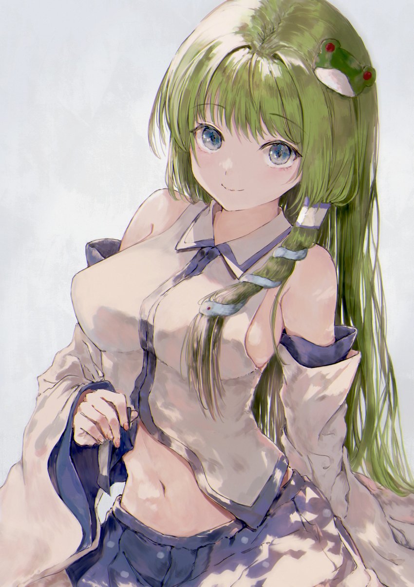 1girl, absurdres, aqua_eyes, blue_skirt, blush, breasts, collared_shirt, detached_sleeves