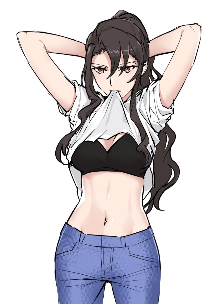 1girl, akikaze_rui, arms_behind_head, arms_up, black_bra, blue_pants, bra, breasts, brown_hair, clothes_in_mouth, clothes_lift, commentary_request, cowboy_shot, dee0333, denim, hair_between_eyes, high_ponytail, highres, jeans, korean_commentary, lifting_own_clothes, long_hair, looking_away, medium_breasts, mouth_hold, navel, pants, parted_lips, ponytail, red_eyes, shirt, shirt_in_mouth, shirt_lift, short_sleeves, shoujo_kageki_revue_starlight, shoujo_kageki_revue_starlight_-re_live-, sidelocks, simple_background, sleeves_pushed_up, solo, standing, stomach, underwear, wavy_hair, white_background, white_shirt