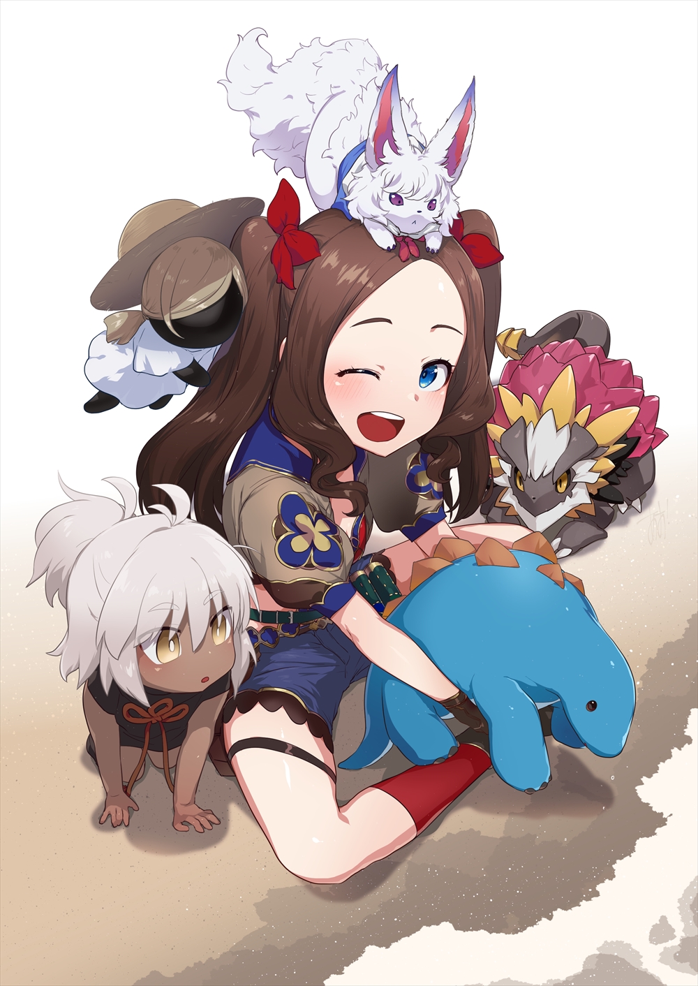 ao_(aocooler), beach, bikini, bikini_top_only, blue_eyes, blue_shorts, blush, breasts, brown_gloves, brown_hair, doll, fate/grand_order, fate_(series), forehead, fou_(fate), gloves, goggles, highres, leonardo_da_vinci_(fate), leonardo_da_vinci_(fate/grand_order), leonardo_da_vinci_(rider)_(fate), leonardo_da_vinci_(swimsuit_ruler)_(fate), long_hair, looking_at_viewer, one_eye_closed, open_mouth, parted_bangs, puffy_short_sleeves, puffy_sleeves, red_bikini, rengoku_(fate), rengoku_(first_ascension)_(fate), shore, short_hair, short_sleeves, shorts, shrug_(clothing), smile, stegosaurus, swimsuit, tarrasque, viy_(fate), white_hair, yellow_eyes