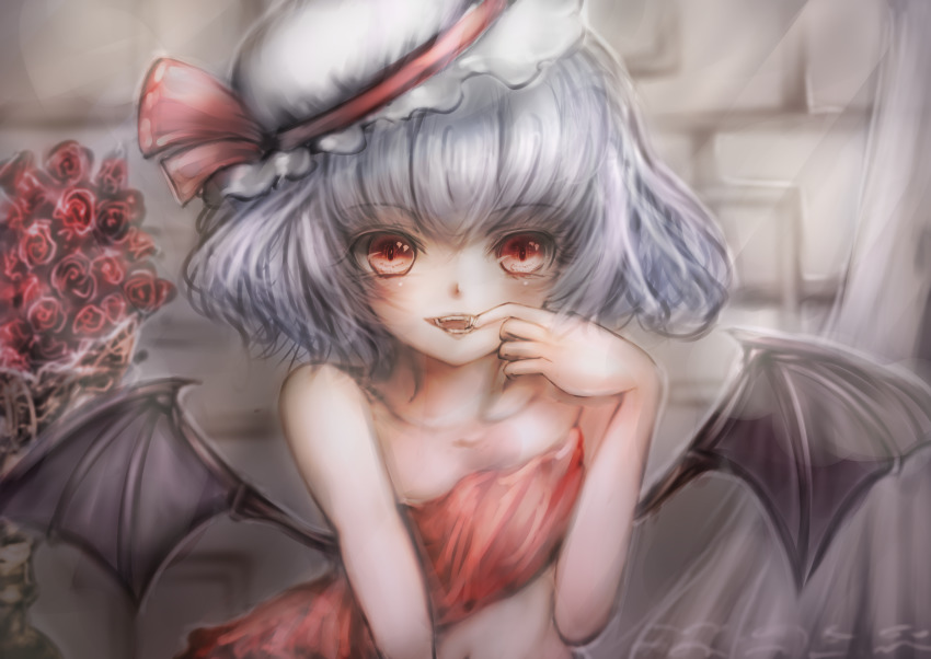 1girl, absurdres, asakazu, bare_shoulders, bat_wings, collarbone, curtains, dress, fangs, flat_chest, flower, grey_hair, hand_up, hat, highres, indoors, mob_cap, mouth_pull, navel, open_mouth, red_dress, red_eyes, red_flower, remilia_scarlet, rose, short_hair, solo, teeth, tilted_headwear, touhou, upper_body, white_hat, wings
