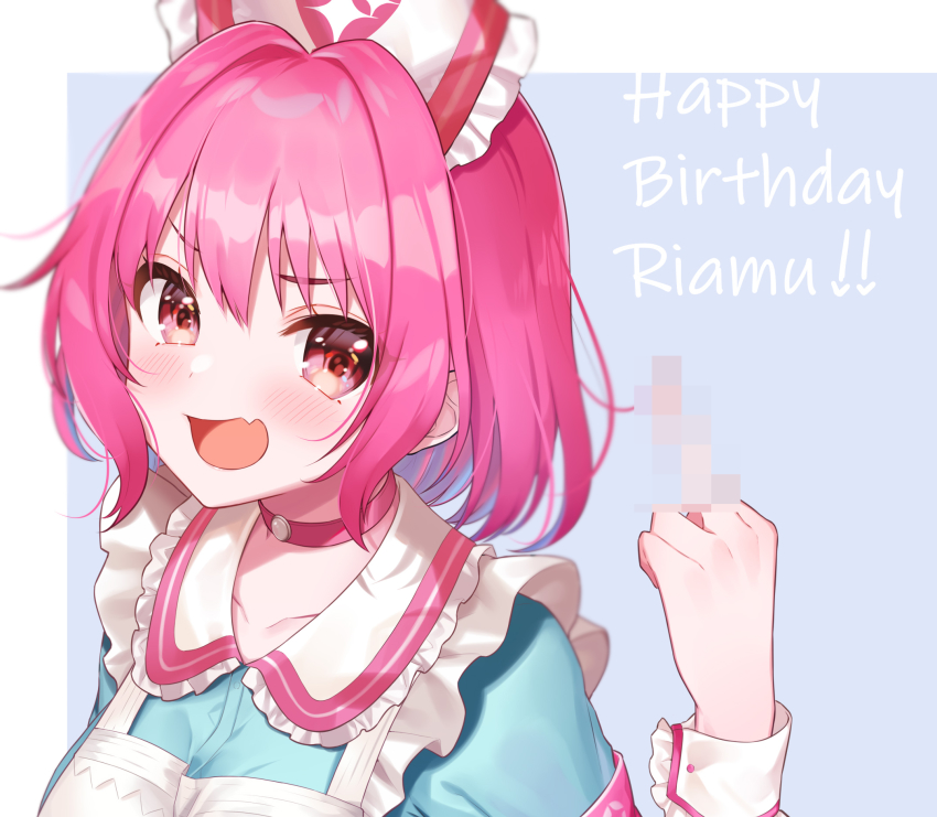 1girl, apron, asahi_yu0604, blue_background, blue_dress, blue_hair, breasts, censored, choker, collarbone, commentary, dress, fang, frilled_apron, frills, hand_up, happy_birthday, hat, heart, heart_print, highres, idolmaster, idolmaster_cinderella_girls, idolmaster_cinderella_girls_starlight_stage, light_blush, looking_at_viewer, middle_finger, mosaic_censoring, multicolored_hair, nurse_cap, official_alternate_costume, open_mouth, pink_eyes, pink_hair, simple_background, skin_fang, smile, solo, sparkle_print, two-tone_hair, upper_body, white_apron, wrist_cuffs, yumemi_riamu