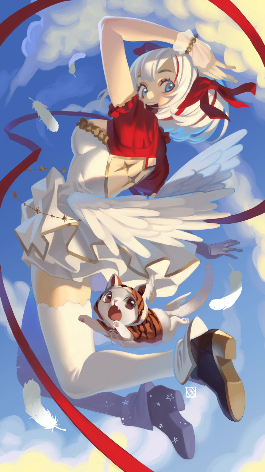 1girl, aozora_kurumi, back_cutout, blue_eyes, breasts, cat, clothing_cutout, frilled_skirt, frills, from_side, highres, looking_at_viewer, low_wings, medium_breasts, multicolored_hair, open_mouth, poch4n, project_kavvaii, short_hair, short_sleeves, skirt, solo, streaked_hair, thighhighs, virtual_youtuber, white_hair, white_thighhighs, wings, wrist_cuffs