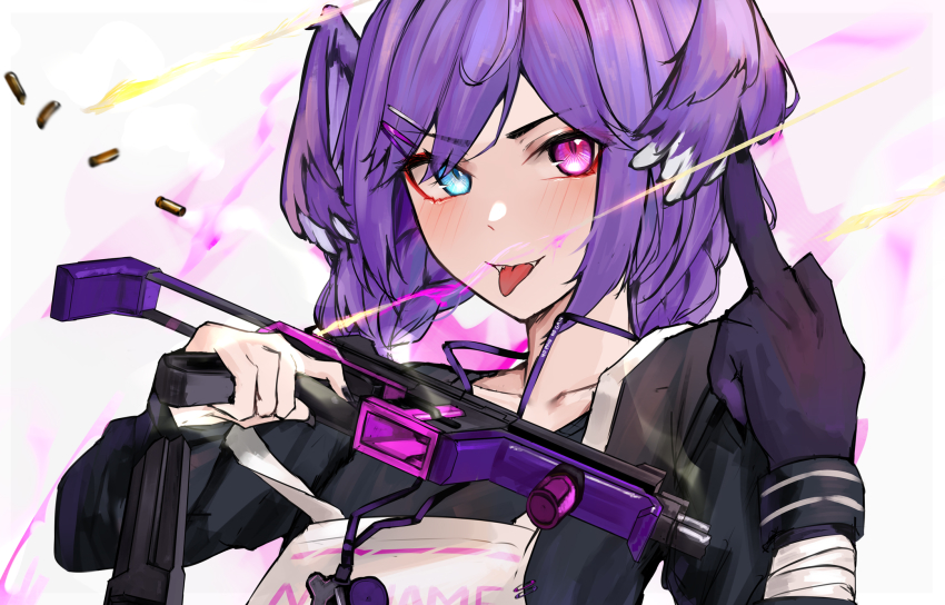 1girl, apex_legends, black_nails, black_sweater, blue_eyes, braid, gun, head_wings