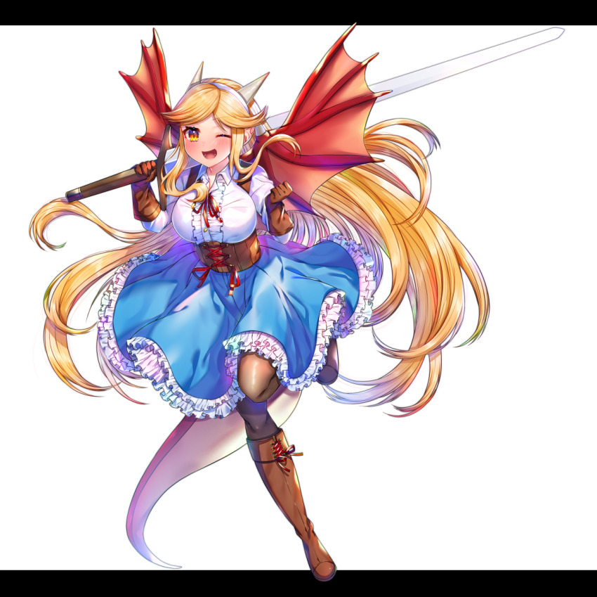 1girl, ;d, akirannu, blonde_hair, blue_skirt, blush, boots, breasts