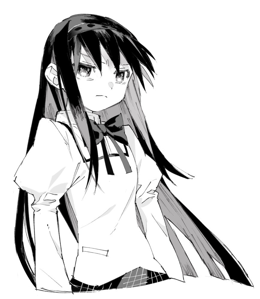 1girl, akemi_homura, black_hair, blouse, dot_nose, hair_between_eyes, hairband, high_collar