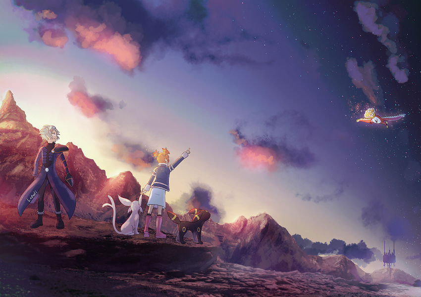 1boy, 1girl, arm_up, boots, cloud, coat, commentary, espeon