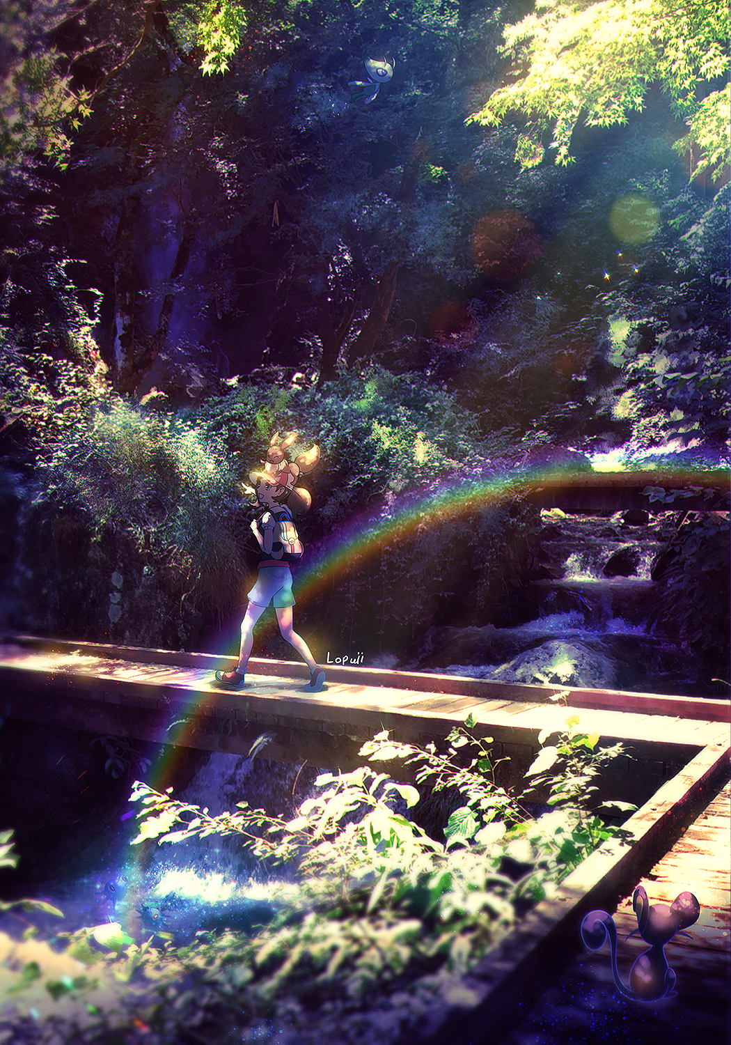 1girl, backpack, bag, baseball_cap, bridge, brown_hair, commentary_request, day
